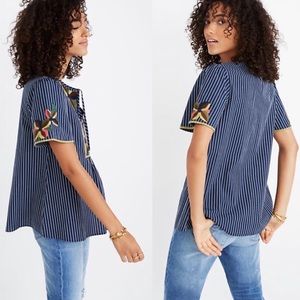 Madewell navy pinstripe embroidered blouse size M